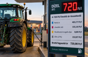 Traktor tankolás közben, a mezőgazdasági gázolaj jövedékiadó-visszatérítését szemléltető grafikával
